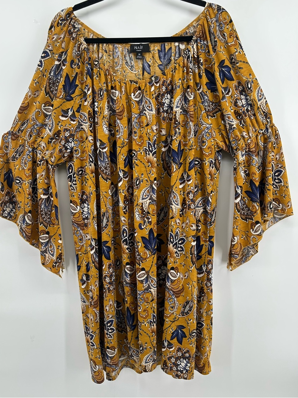 NAIF Mustard Paisley Off-Shoulder Boho Tunic with Bell Sleeves Women's 3X